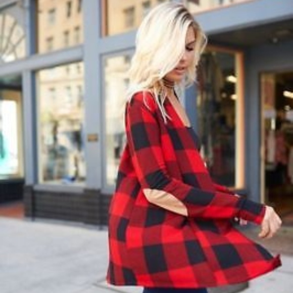 Long sleeve red plaid cardigan with elbow patch - Picture 2 of 3